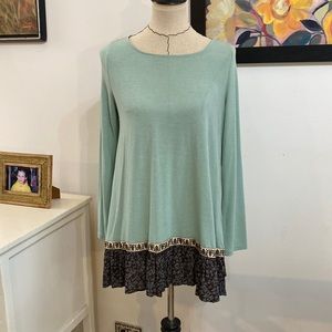 Easel Mint Green Brown Floral Trim Long Sleeve Tunic